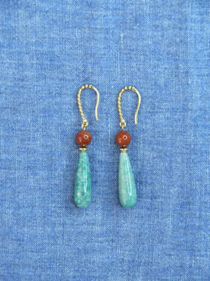 boucles d'oreilles en pierres naturelles amazonite bleue, jaspe rouge et plaqué or