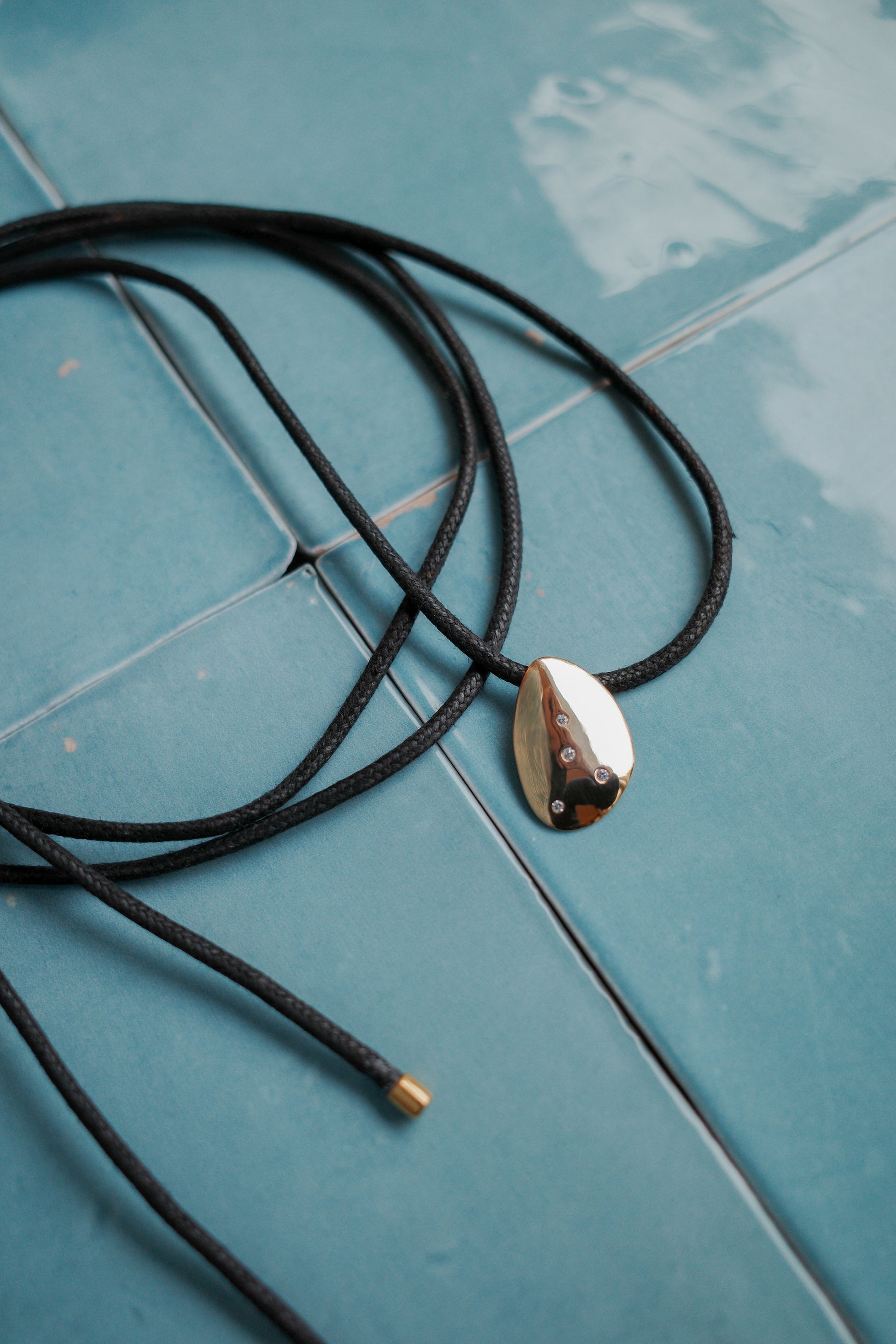 Black Lasso Necklace | 3-micron gold-plated medallion, zircons &amp; cotton cord