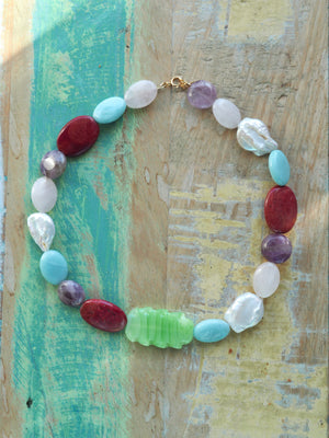 Collier ras de cou mix de perles naturelles semi-précieuses multicolores